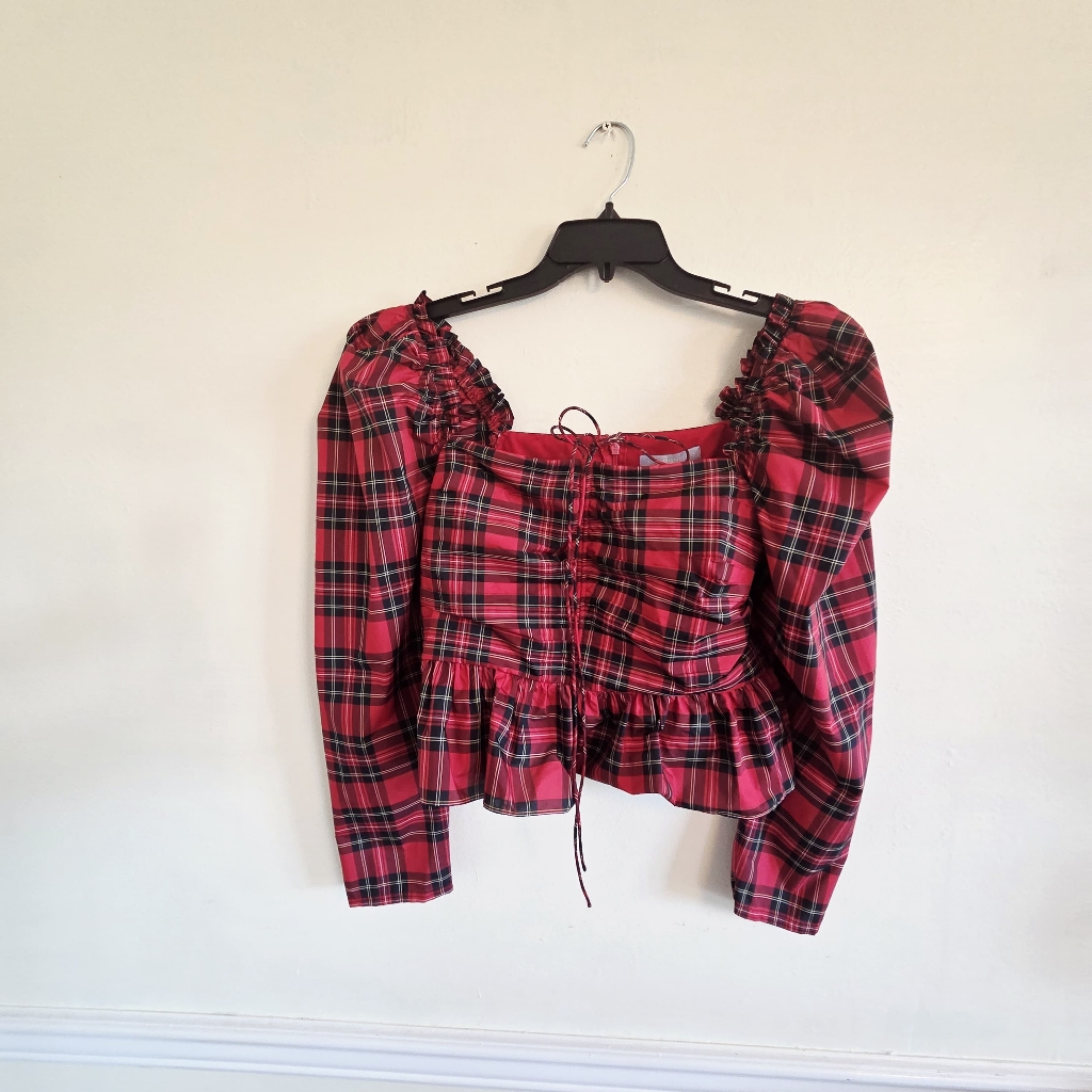Nwt Antonio Melani Elvira Plaid Tie Square Neck Long Puffed Sleeve Blouse
